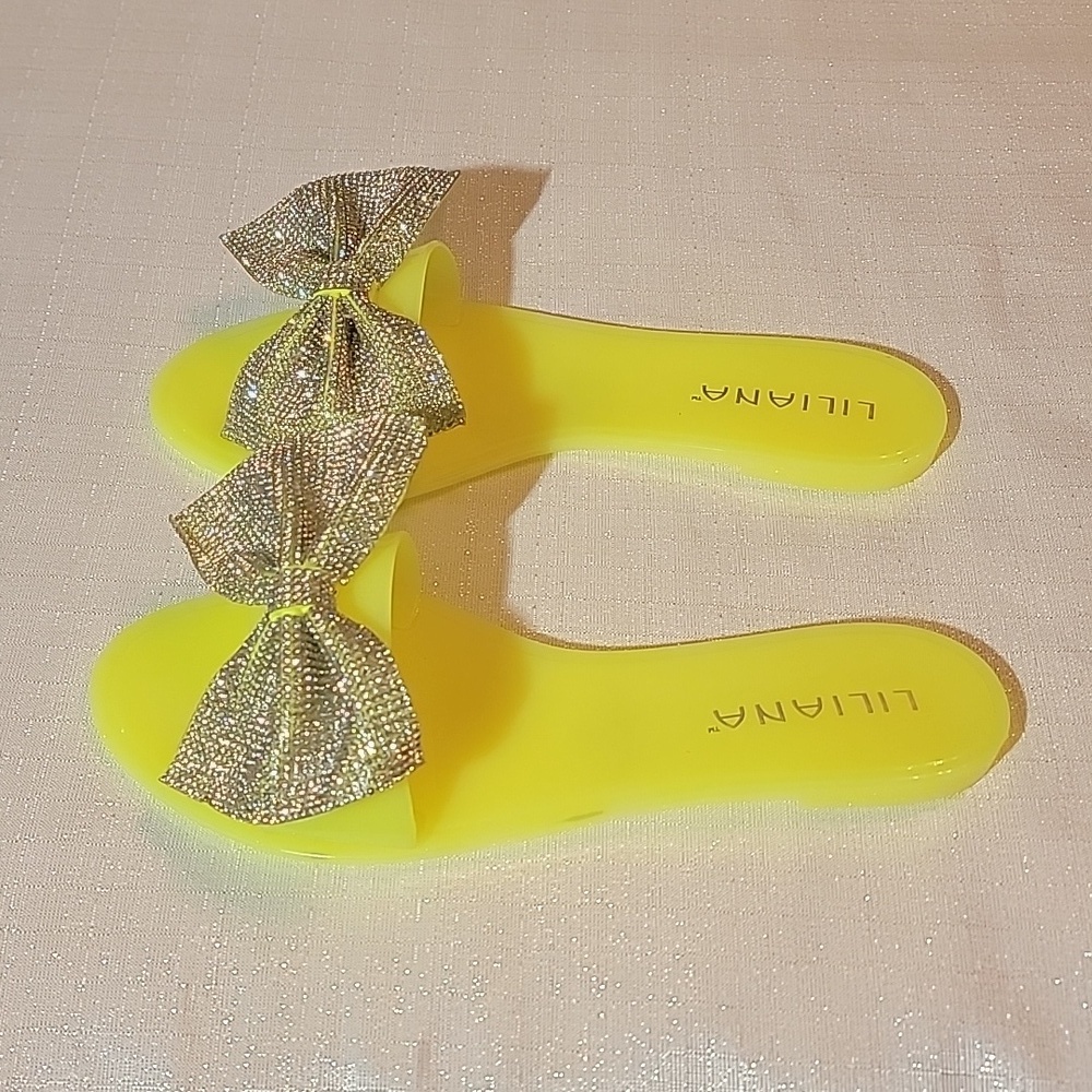 Liliana Rhinestone Embellished Bow Neon Jelly Slides Sandals - Picture 7 of 10